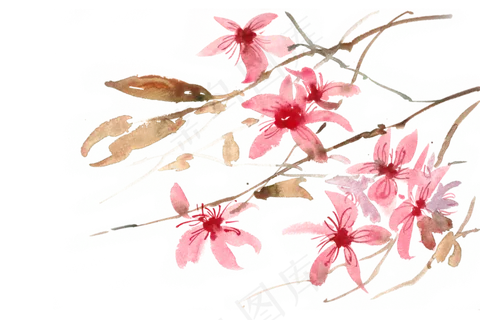 粉红色的花水彩画PNG免抠素材