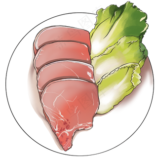 一盘装饰着菜叶的猪肉片