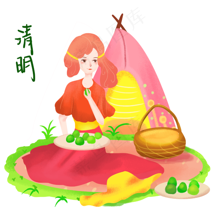 清明节野营的女孩插画