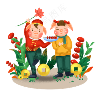 简约猪年猪糖葫芦荷花元素场景插