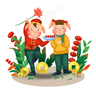 简约猪年猪糖葫芦荷花元素场景插