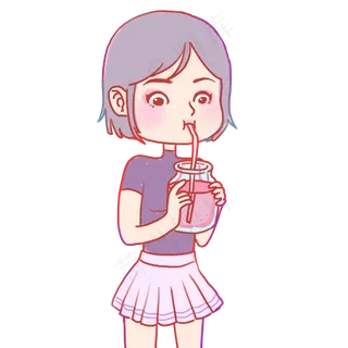 大暑手绘卡通夏日紫色喝汽水的女