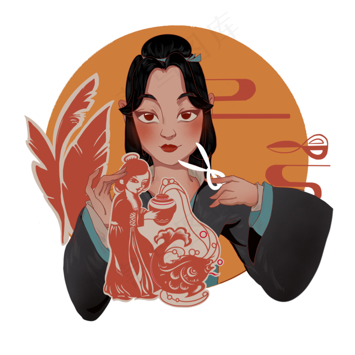 中国风国潮少女美人剪纸传统文化(3500X3500(DPI:300))psd模版下载