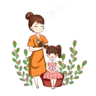 二月二龙抬头妈妈给女儿剪头发透,免抠元素