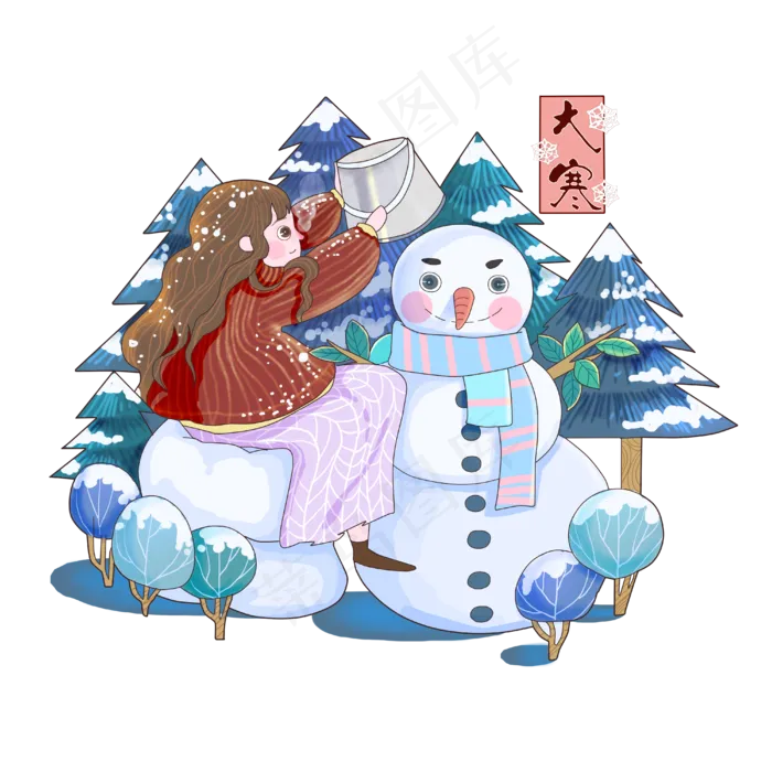 腊月二十四节气大寒森林雪人少女,免抠元素(4000*4000px 300 dpi )psd模版下载
