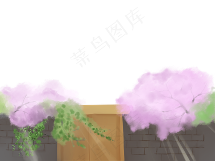 春天桃花红花春光院子墙PNG绿