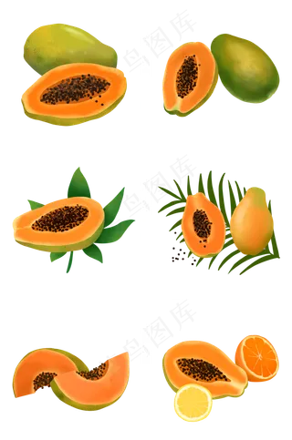 手绘卡通木瓜组图PNG免抠素材