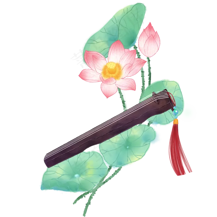 中国风手绘荷花琴棋书画系列之琴,免抠元素(3000*3000px 300 dpi )psd模版下载