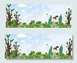 春天蓝天白云下放风筝的女孩