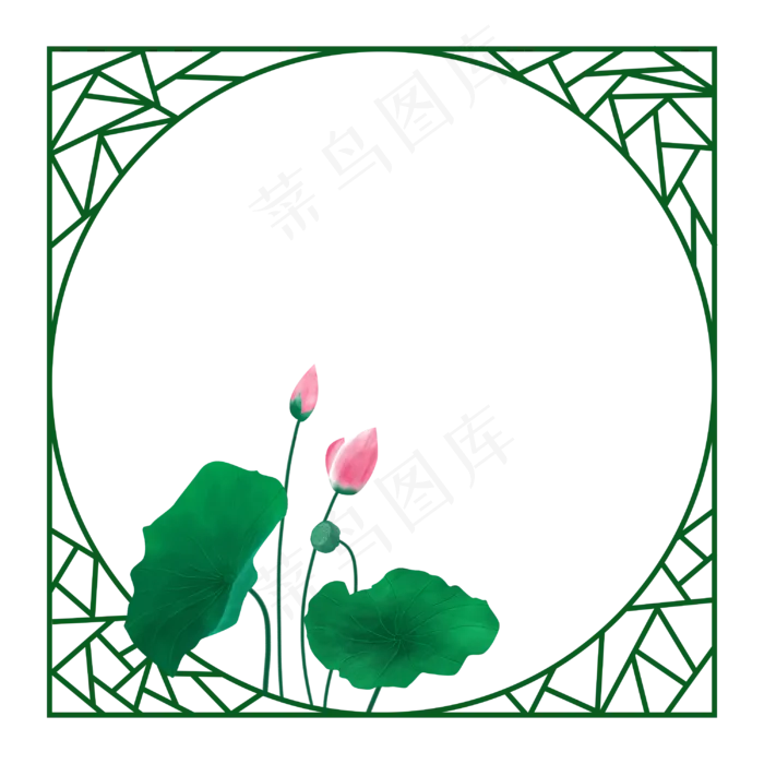 中国风绿色荷花边框,免抠元素(3000*3000px 300 dpi )psd模版下载