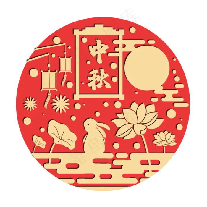 中秋红色玉兔剪纸可爱,免抠元素