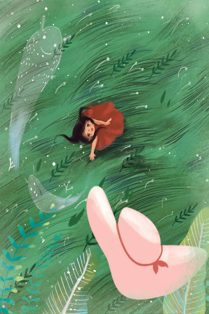 清明春天草丛女孩唯美踏青旅游漫画风绿色系(3545X5315(DPI:300))psd模版下载