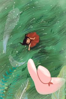 清明春天草丛女孩唯美踏青旅游漫画风绿色系