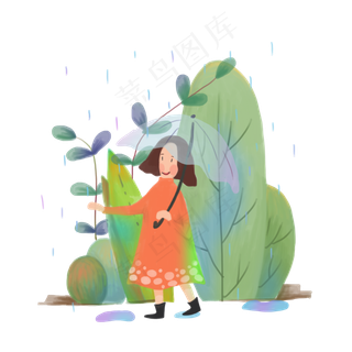 二十四节气少女打伞农历雨水PNG灌,免抠元素