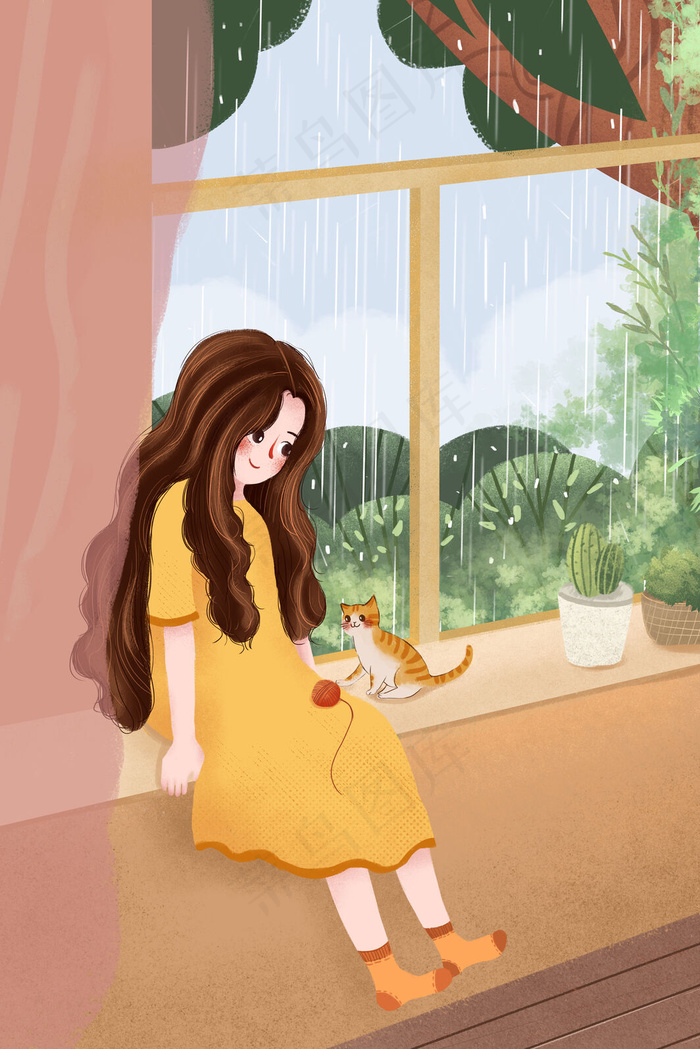 小清新谷雨节气女孩窗台休息(3545X5315(DPI:300))psd模版下载