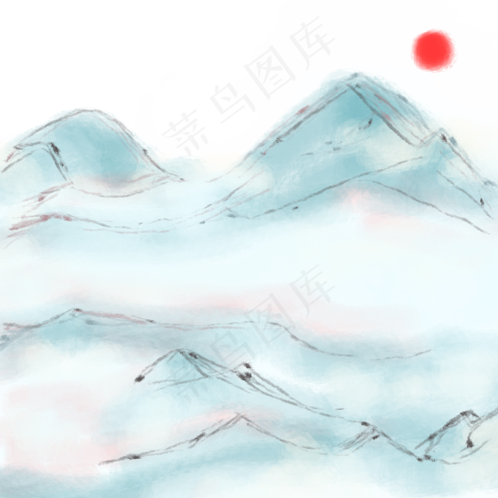 中国风水墨水彩山川红日手绘免抠