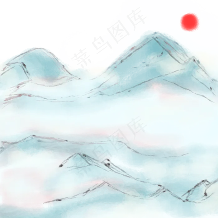 中国风水墨水彩山川红日手绘免抠(2000X2000(DPI:300))psd模版下载