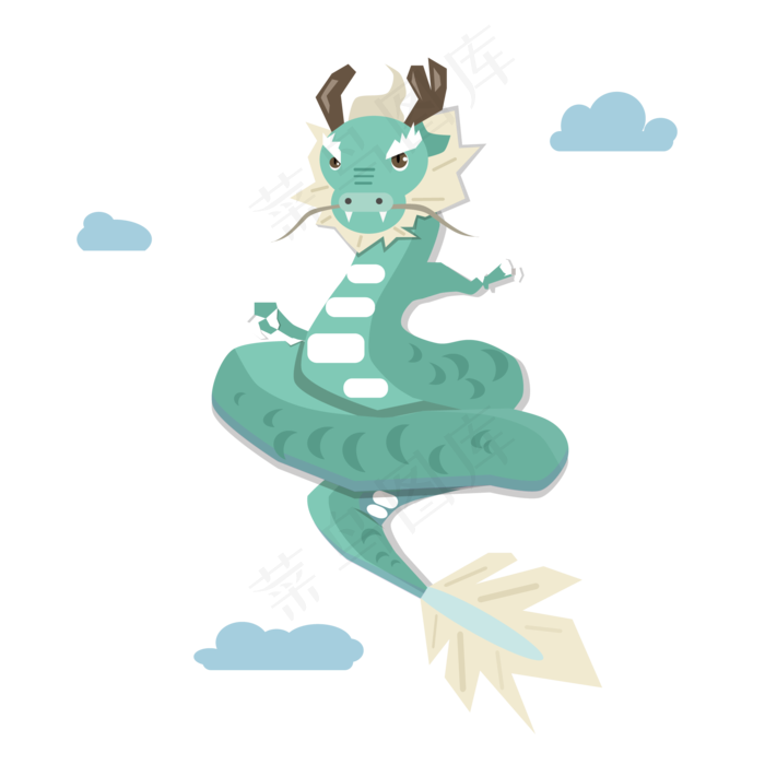 可爱卡通青色的东方神龙盘身动物,免抠元素
