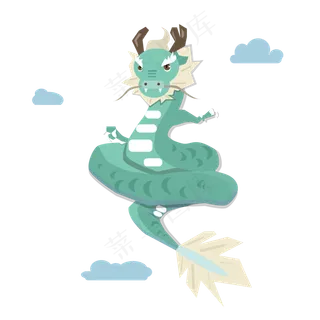 可爱卡通青色的东方神龙盘身动物,免抠元素