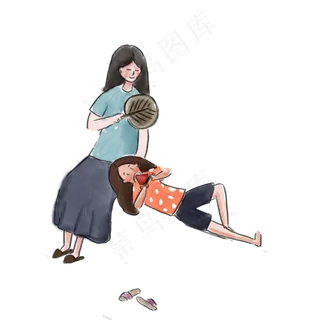 卡通夏天乘凉的母女
