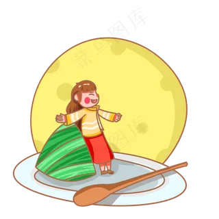 端午节吃粽子的女孩手绘