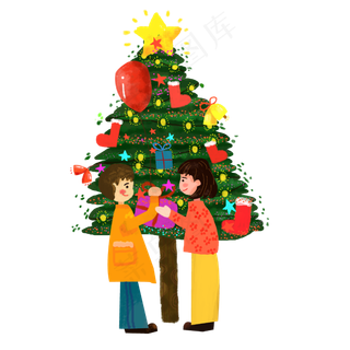 圣诞水彩礼物小朋友儿童平安夜松,免抠元素