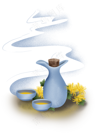 重阳节古风酒壶和菊花,免抠元素