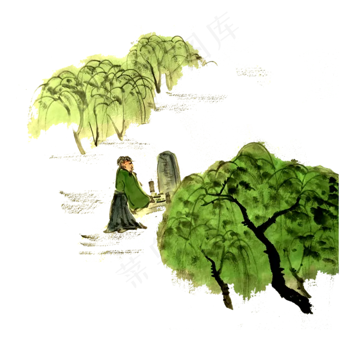 清明上坟绿柳祭祖国画水墨春色PNG,免抠元素