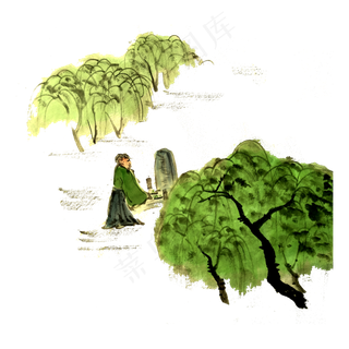清明上坟绿柳祭祖国画水墨春色PNG,免抠元素
