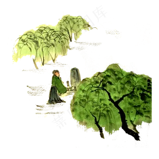 清明上坟绿柳祭祖国画水墨春色PNG,免抠元素