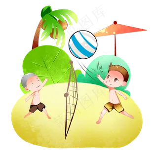 小暑大暑节气黄色卡通男孩打排球