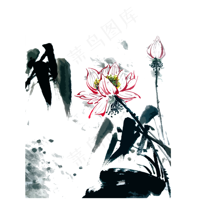 水墨莲花荷花古典花鸟PNG,免抠元素