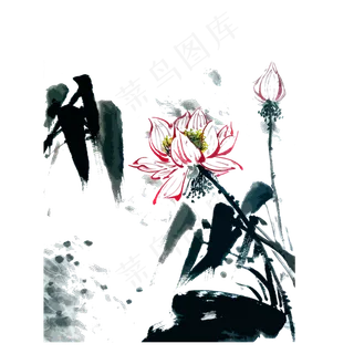 水墨莲花荷花古典花鸟PNG,免抠元素