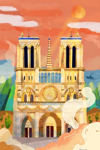 渐变肌理圣母院城市地标