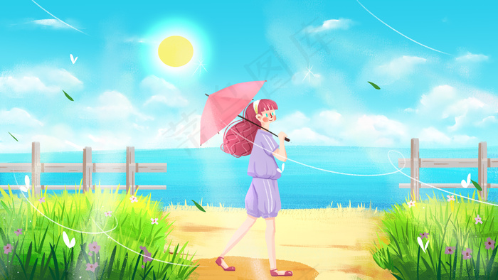 夏天沙滩 夏日夏景少女清凉夏日卡通插画
