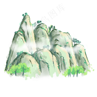 古风山水画初春的绿山,免抠元素