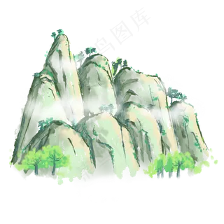 古风山水画初春的绿山,免抠元素