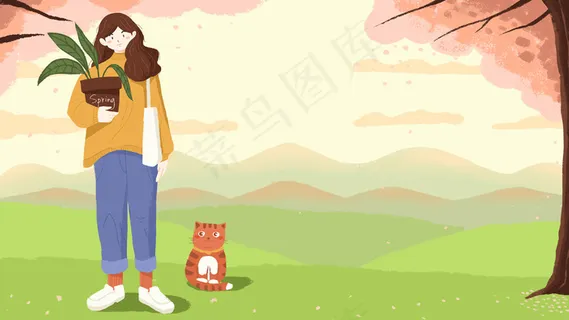 春天你好女孩和猫樱花树下