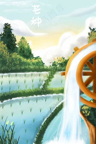 芒种水稻田边的水车