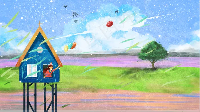 窗外夏景少女大海春天场景通用唯美治愈清新(2880*1620px 300 dpi )