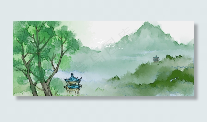 翠掩重楼写意水墨风景画PNG素材,免抠元素(1920*800px 300 dpi )psd模版下载