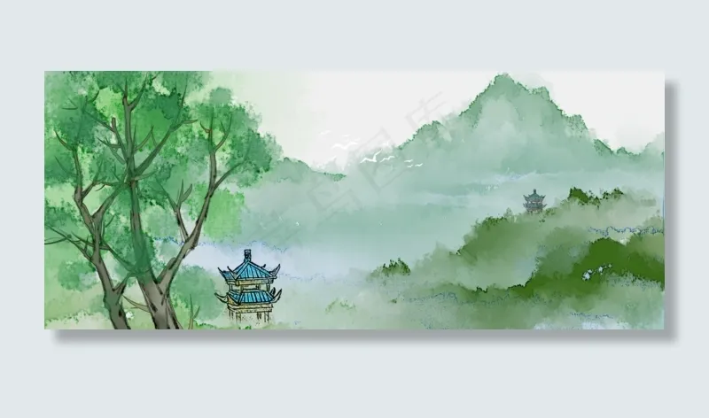 翠掩重楼写意水墨风景画PNG素材,免抠元素(1920*800px 300 dpi )psd模版下载