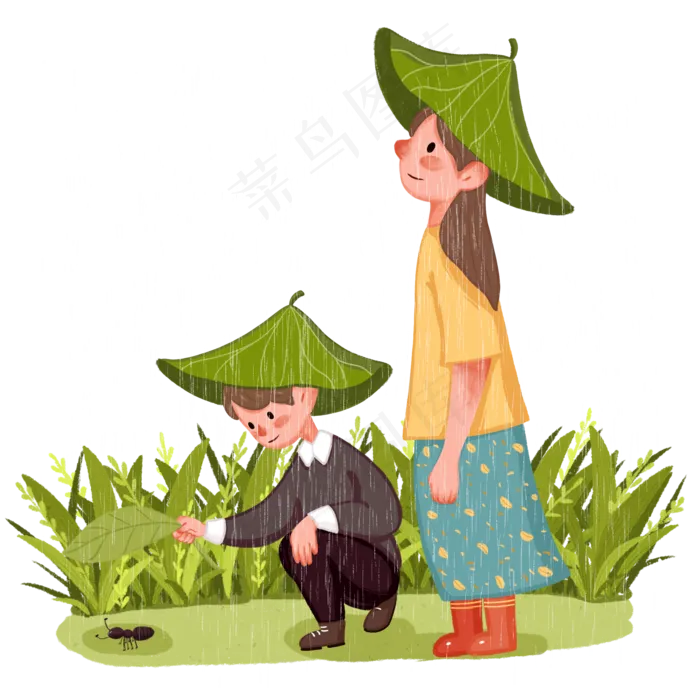 谷雨用叶子挡雨的小孩,免抠元素(2000X2000(DPI:300))psd模版下载