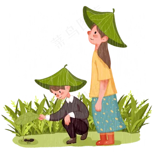 谷雨用叶子挡雨的小孩,免抠元素