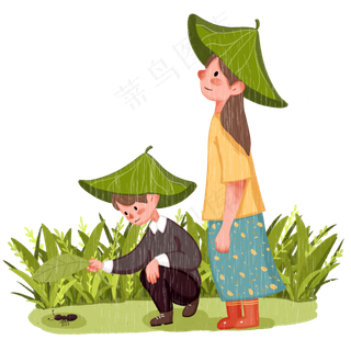 谷雨用叶子挡雨的小孩,免抠元素