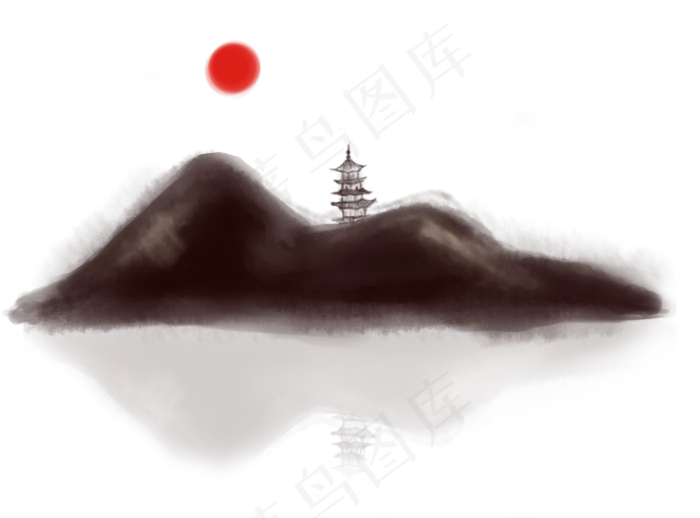 中国风水墨山水日出(3000X2218(DPI:300))psd模版下载