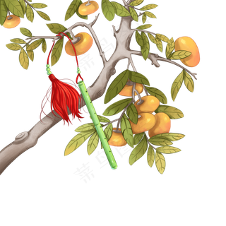 中国风柿子树和玉笛,免抠元素