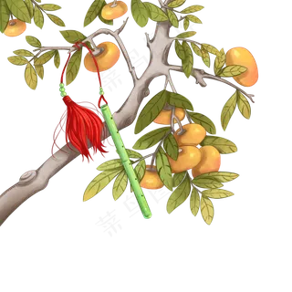 中国风柿子树和玉笛,免抠元素