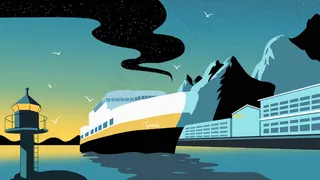 扁平风傍晚轮船灯塔