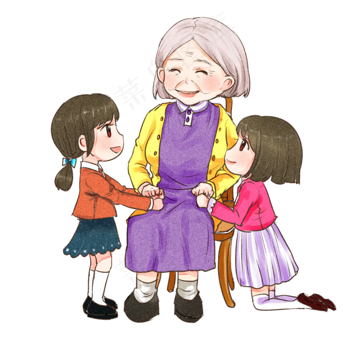 手绘卡通可爱重阳节奶奶给孙子讲,免抠元素